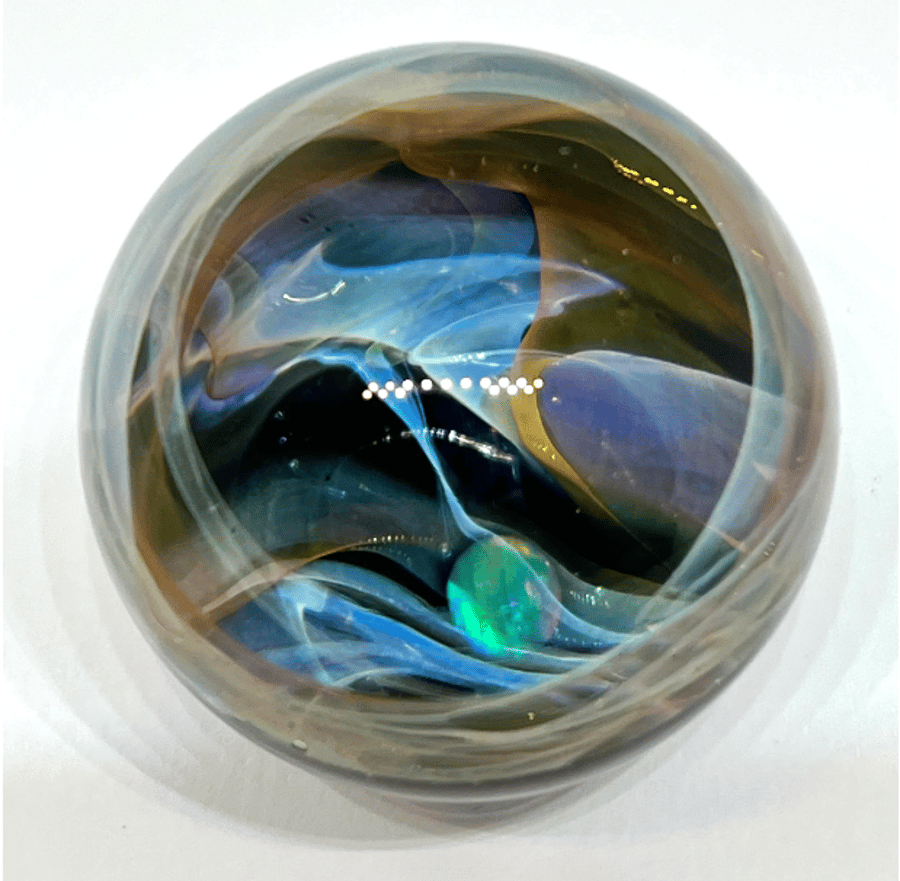Handmade Lampwork Glass Gold & Silver Fumed Marble with a Rainbow Opal