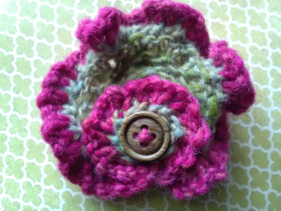 Handknit Swirl Flower Brooch pink and green