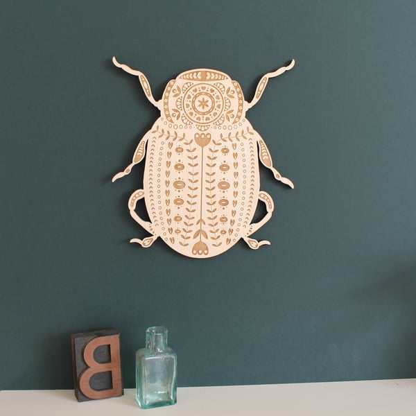 Large Wood Wooden Folk Art Beetle Wall Hanging 