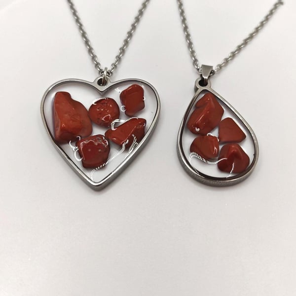 Handmade Red Jasper Resin Pendant: Natural Gemstone Chips Necklace