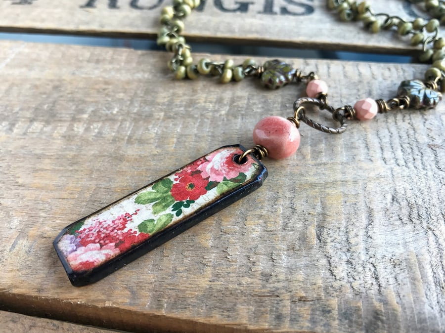 Mixed Media Necklace. Rustic Wooden Necklace. Whimsical Pink Floral Pendant
