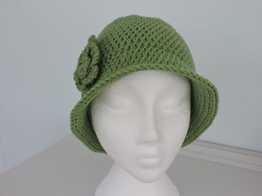 Cloche Hat in Green Crochet Small Adult