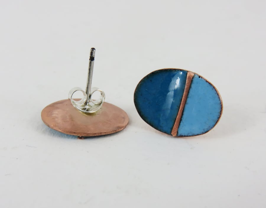 Oval two tone copper and enamel stud earrings