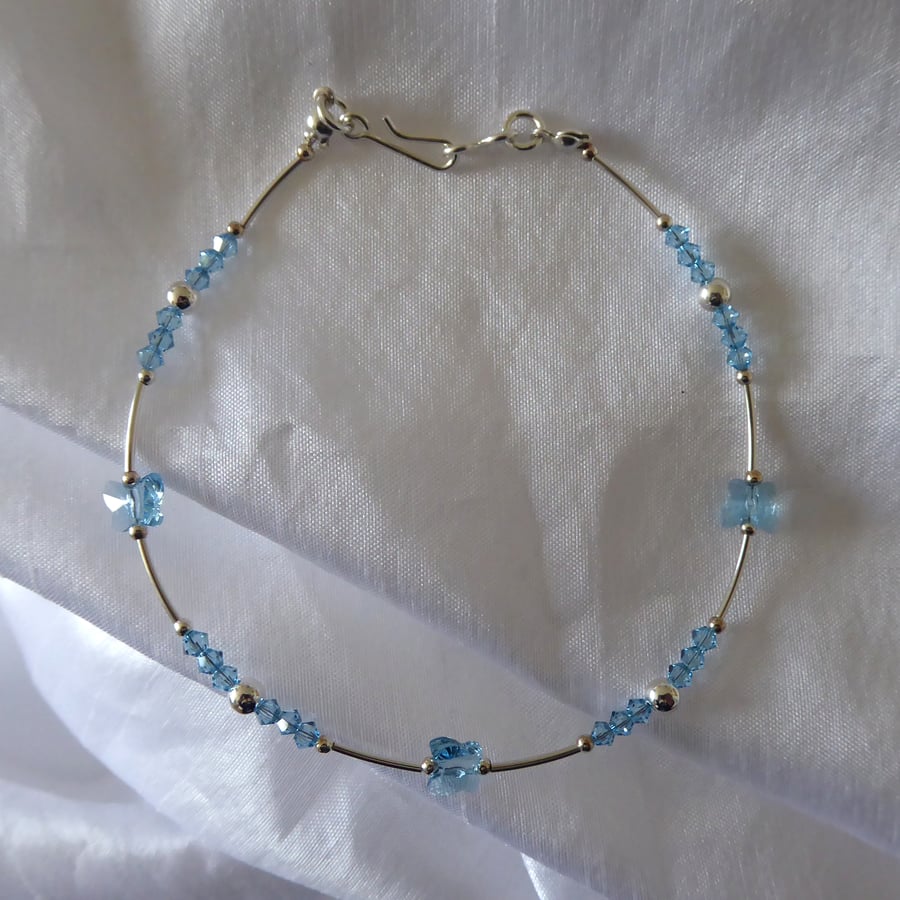 Sterling Silver and Swarovski Aquamarine Crystal Anklet with Hook & Eye Clasp
