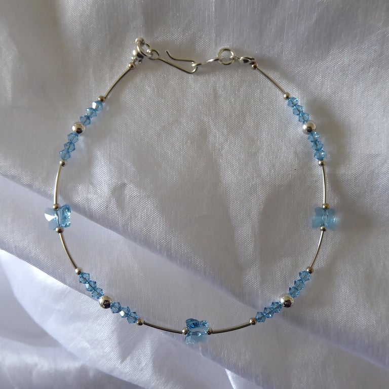 Sterling Silver and Swarovski Aquamarine Crystal Anklet with Hook & Eye Clasp