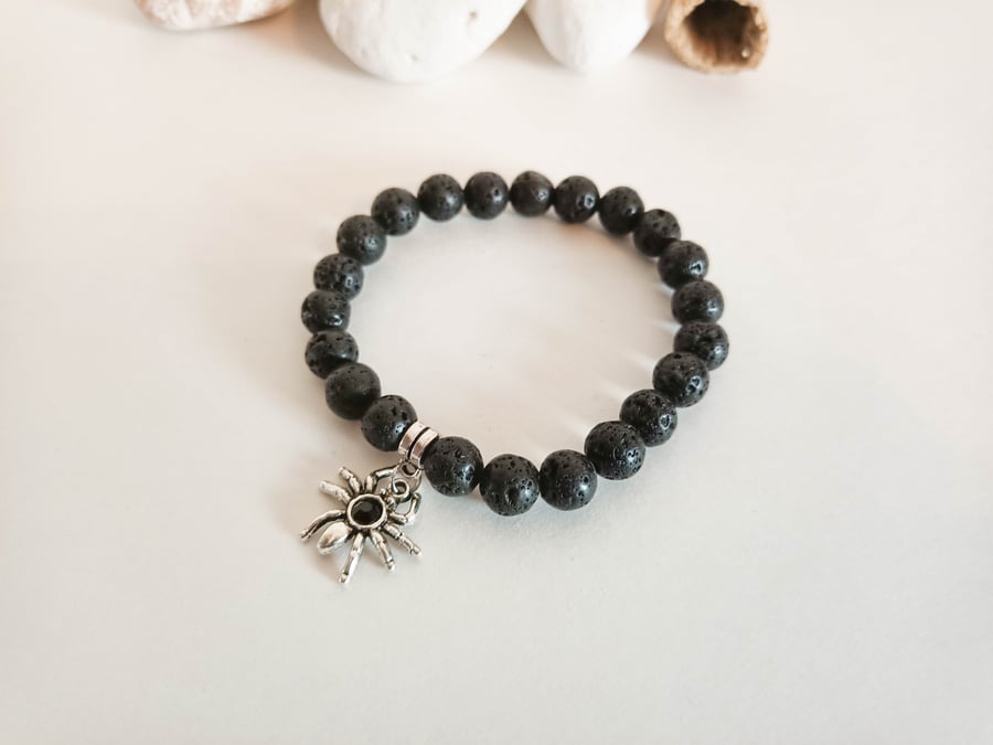 Black Lava Bead Bracelet with Spider Charm - Small Medium Men's or Large Women's