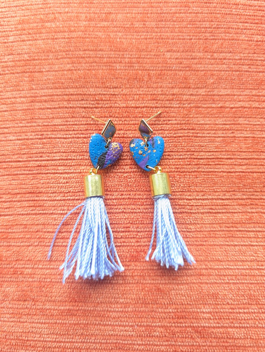 Purple patchwork tassel dangle earrings 