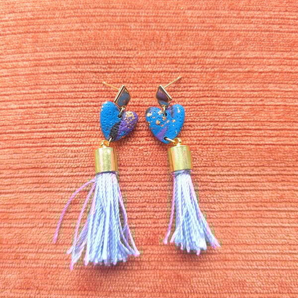 Purple patchwork tassel dangle earrings 