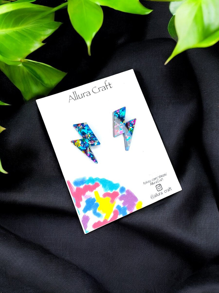 Lightning Bolt Earrings- Blue Festival Confetti Acrylic 
