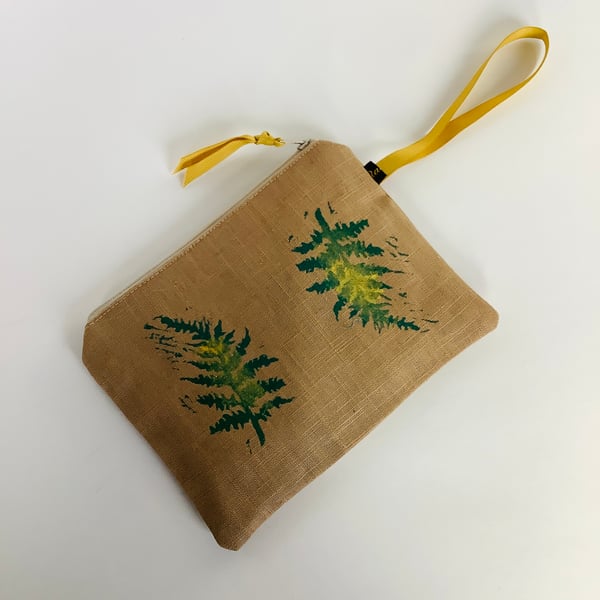 Fern Print Linen Zip-Up Pouch; Makeup Bag; Hand printed Purse 