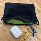 Zip top purse or pouch, black chunky corduroy 