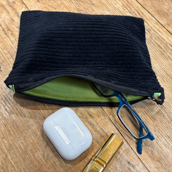 Zip top purse or pouch, black chunky corduroy 
