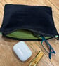 Zip top purse or pouch, black chunky corduroy 