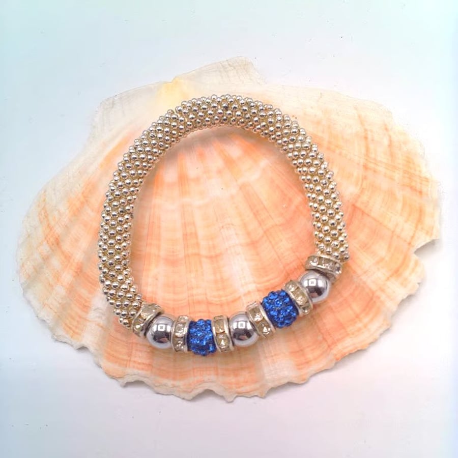 Deep Blue Sparkly Bead and Round Haematite Bead Snowflake Bracelet