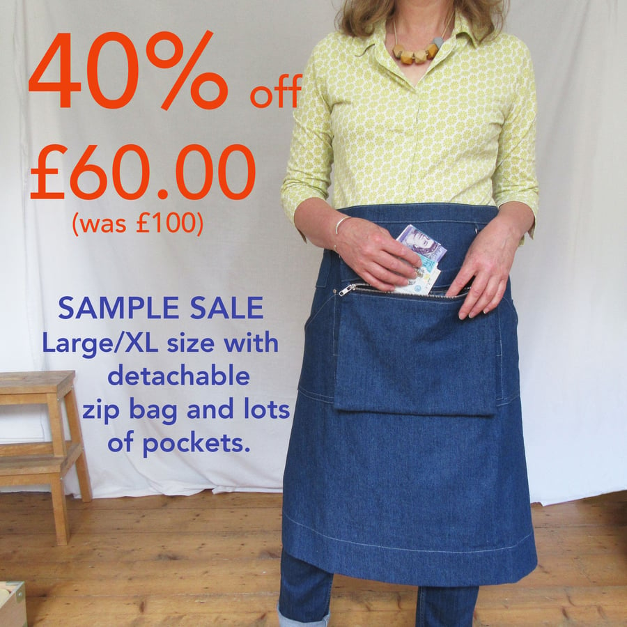 Large-XL Denim Apron with Detachable Bag for Traders & Gardeners.