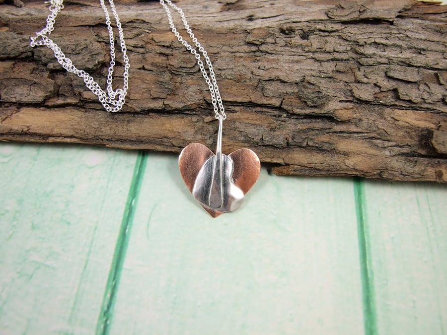 Hearts in Heart Pendant Necklace, Copper and Sterling Silver, Artisan Design