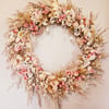 Mothers Day, Easter, Pink Dried Flower Wreath, Roses, Grasses, Daisies. 44cm