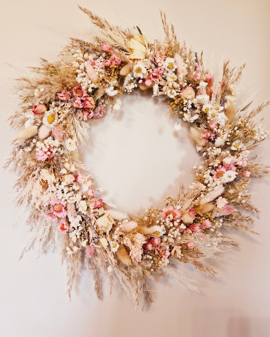 Mothers Day, Easter, Pink Dried Flower Wreath, Roses, Grasses, Daisies. 44cm