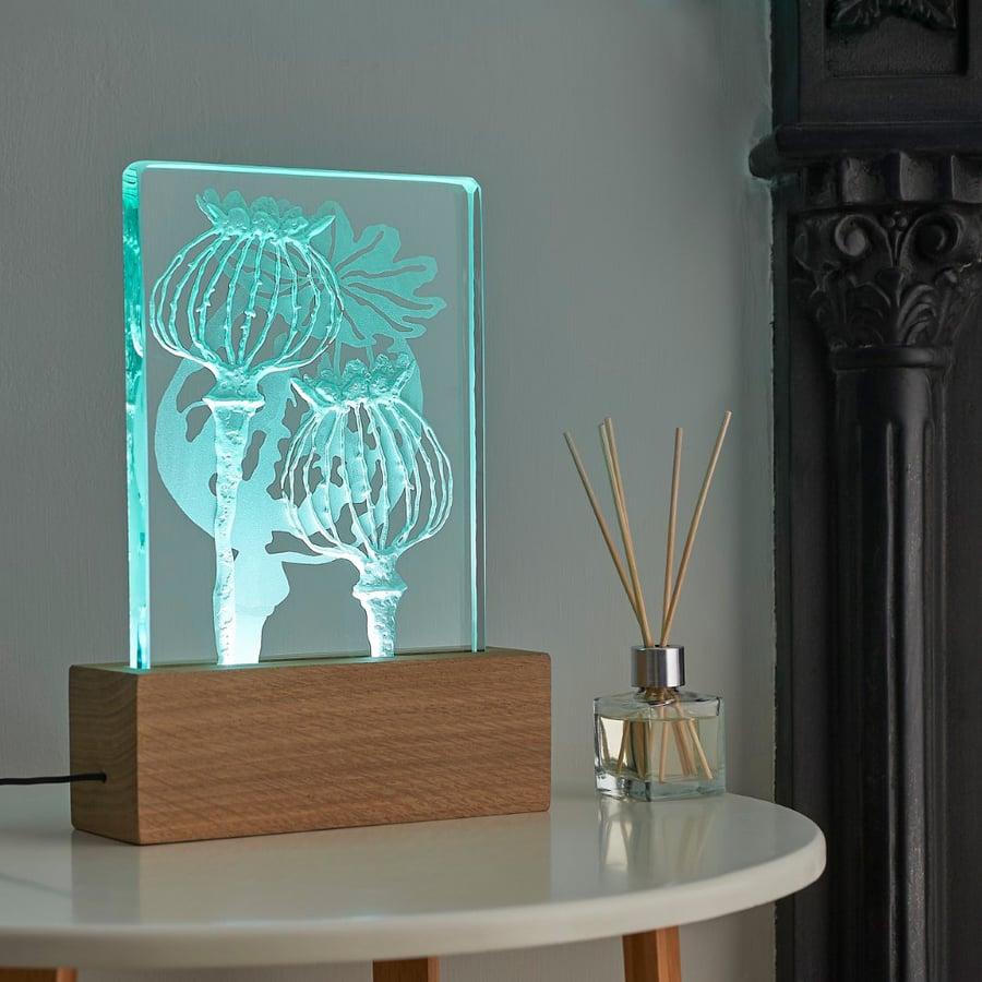 Poppies Design Engraved Glass Wood LED Table Light By Tim Carter 