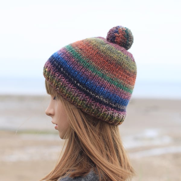 Knitted beanie bobble chunky hat with pom-pom, blue green orange multicolor cap