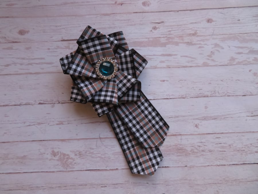 Burns Tartan Ruffle Rosette & Crystal Mini Brooch Pin Scottish Highland 