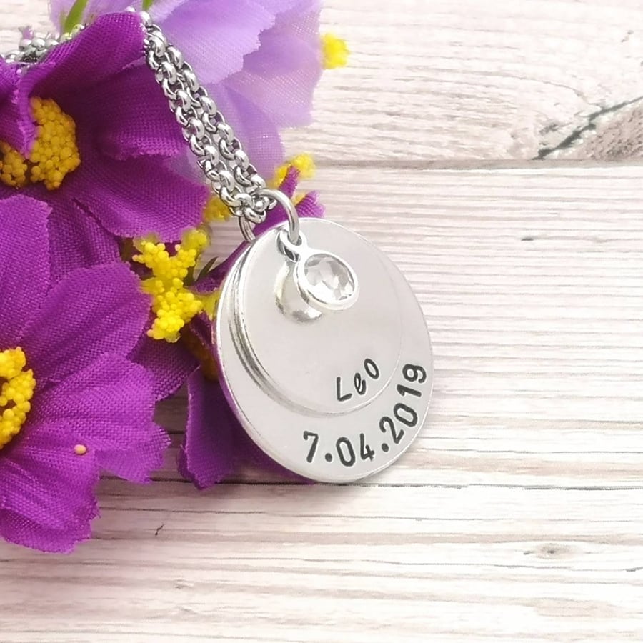 Personalised Name And Date Necklace With Birthstone Crystal - New Mum Necklace