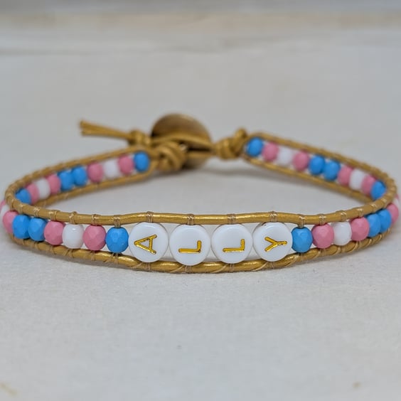 Trans ally bead and gold leather bracelet, LGBTQ