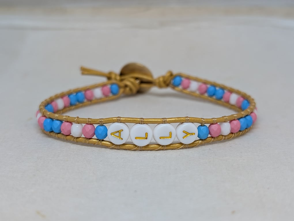 Trans ally bead and gold leather bracelet, LGBTQ