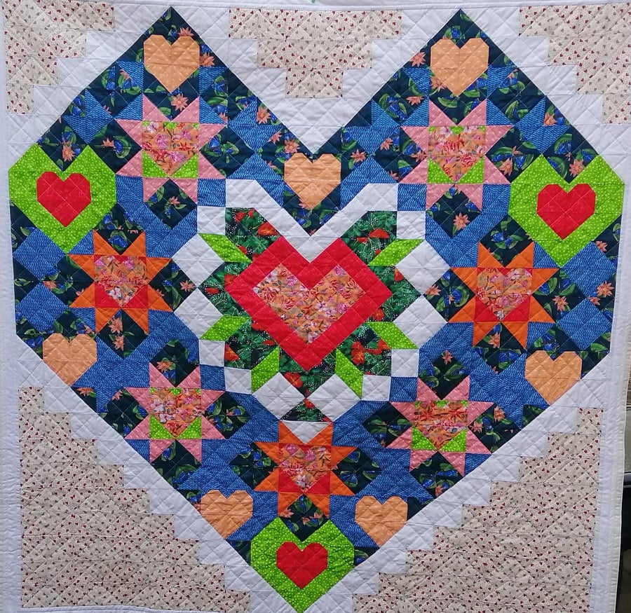 Heart Quilt Handmade Patchwork Quilt - 100% cotton - washable - eco-friendly - m