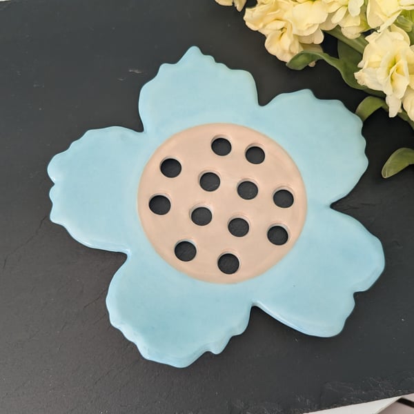 Ceramic pastel turquoise large flower frog