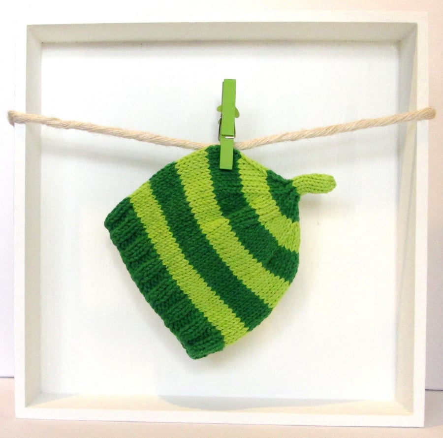 Baby Hat in Dark Green & Lime Green Stripes Size 0 - 2 Months 