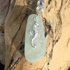 Sea Glass & Sterling Silver Necklace with Seahorse Charm