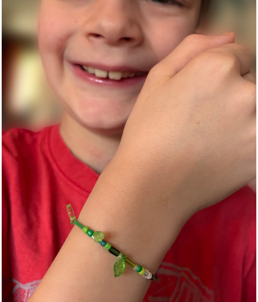 Made by Elijah. A beaded bracelet on elastic