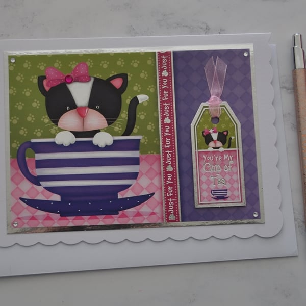 Cat Card You're My Cup Of Tea Just Fur You Any Occasion 3D Luxury Handmade