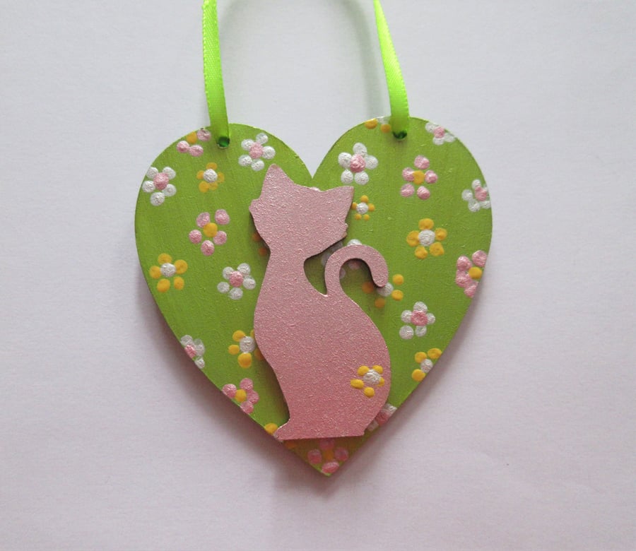 Cat Hanging Heart Decoration Hand Painted Ditsy Flowers