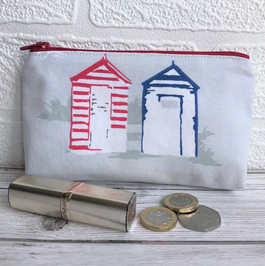 Large purse, coin purse in grey with blue and red beach huts