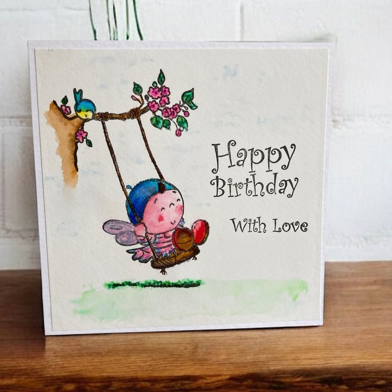 Watercolour Birthday Card for a Child – Fairy on a Swing