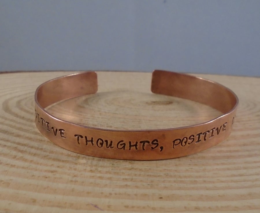 Copper Stamped 'Positive Thoughts, Poitive Life' Adjustable Bangle