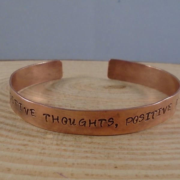 Copper Stamped 'Positive Thoughts, Poitive Life' Adjustable Bangle