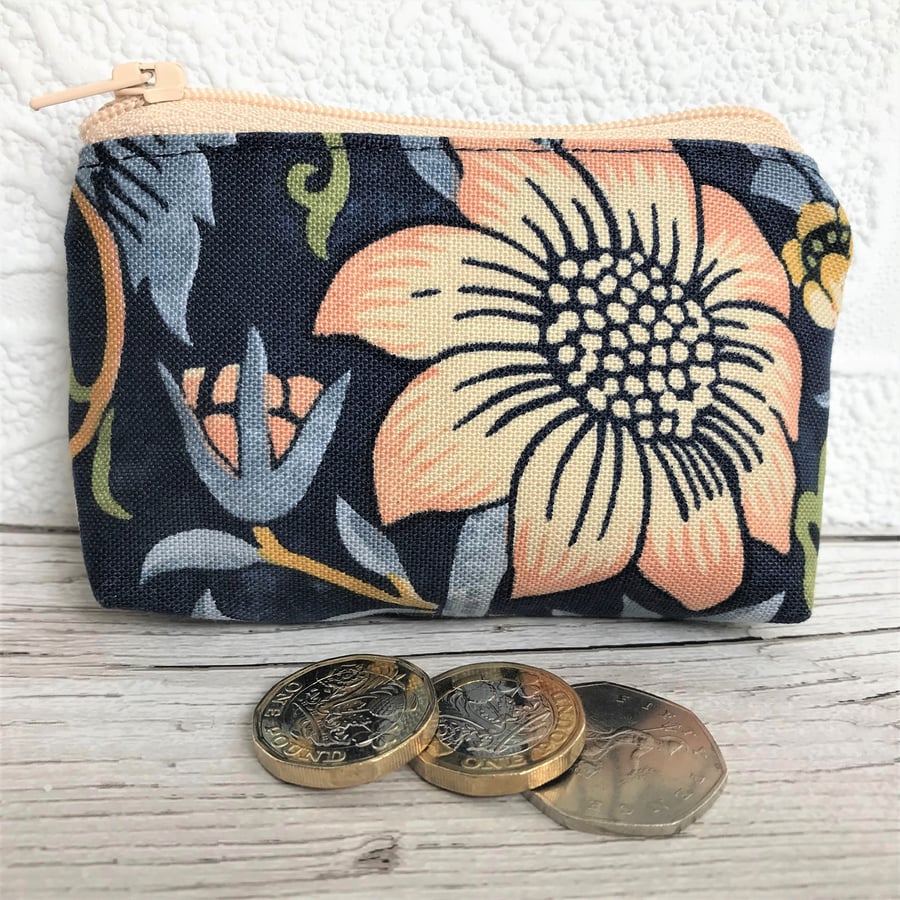 Small purse, coin purse in navy blue William Morris Strawberry Thief fabric