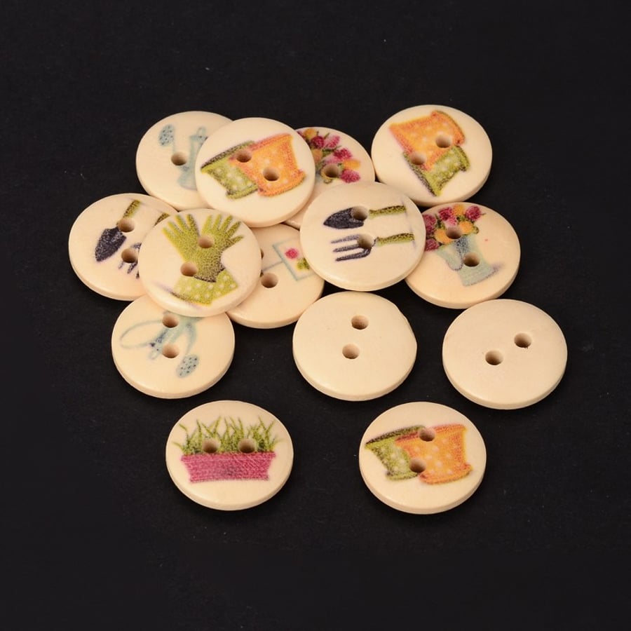 Gardening Themed Buttons x 10  Pretty 15mm round wooden buttons