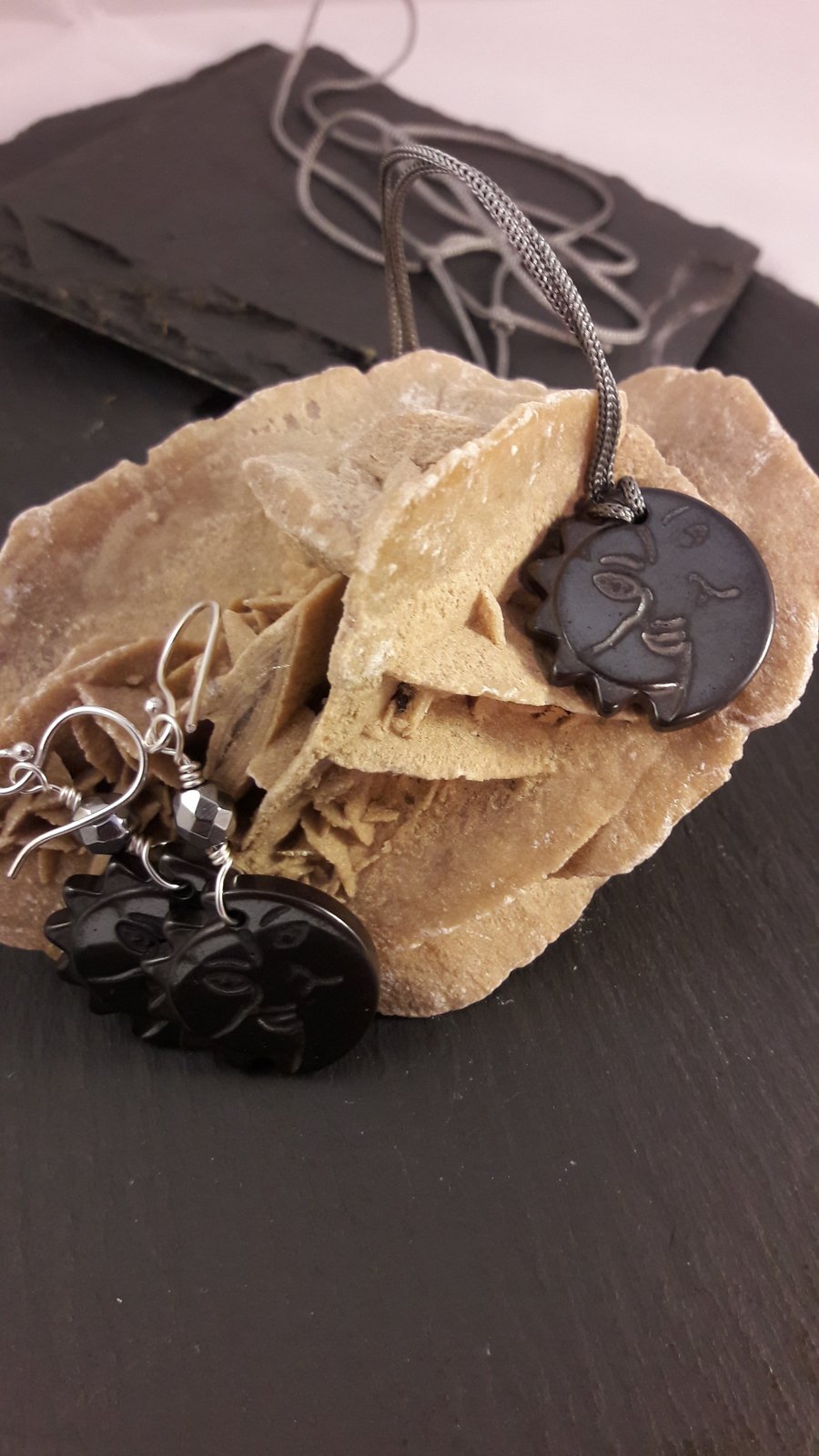 Haematite Sun and Moon Earrings and Basic Necklace Set