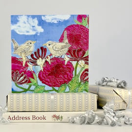 Rose birthday card - roses and wrens 