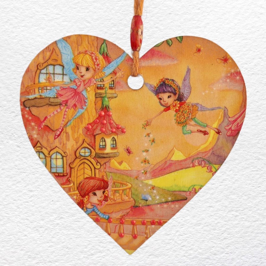 Decoupaged Wooden Hanging Heart 15cm (6") Fairy Castle design