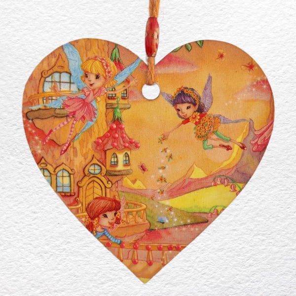 Decoupaged Wooden Hanging Heart 15cm (6") Fairy Castle design