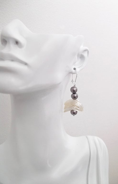 Natural Shell and Dark Grey Faux Pearl Dangle Drop Earrings