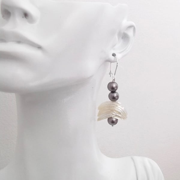 Natural Shell and Dark Grey Faux Pearl Dangle Drop Earrings