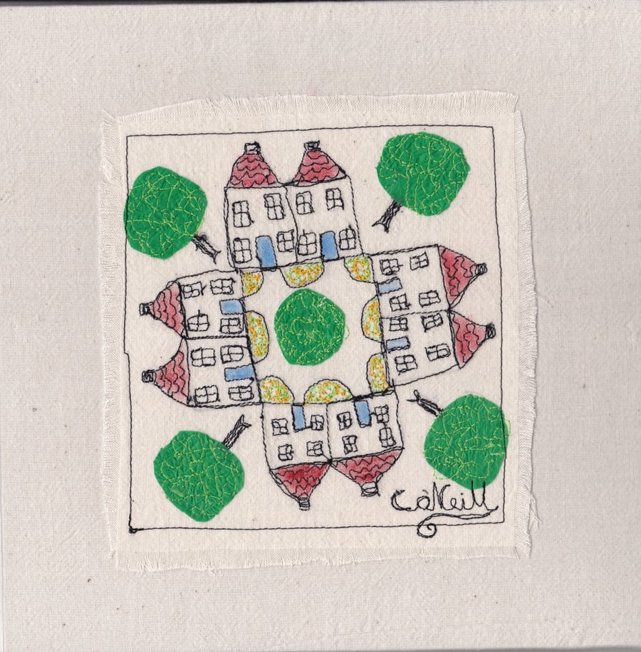 The Village Square -  Freestyle Textile Art - House warming Gift