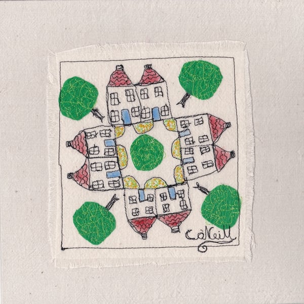 The Village Square -  Freestyle Textile Art - House warming Gift