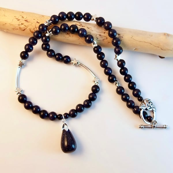 Blue Goldstone Necklace With Silver Stars - Handmade In Devon